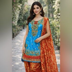 Boutique Designer Red/Baby Blue Salwar Suit